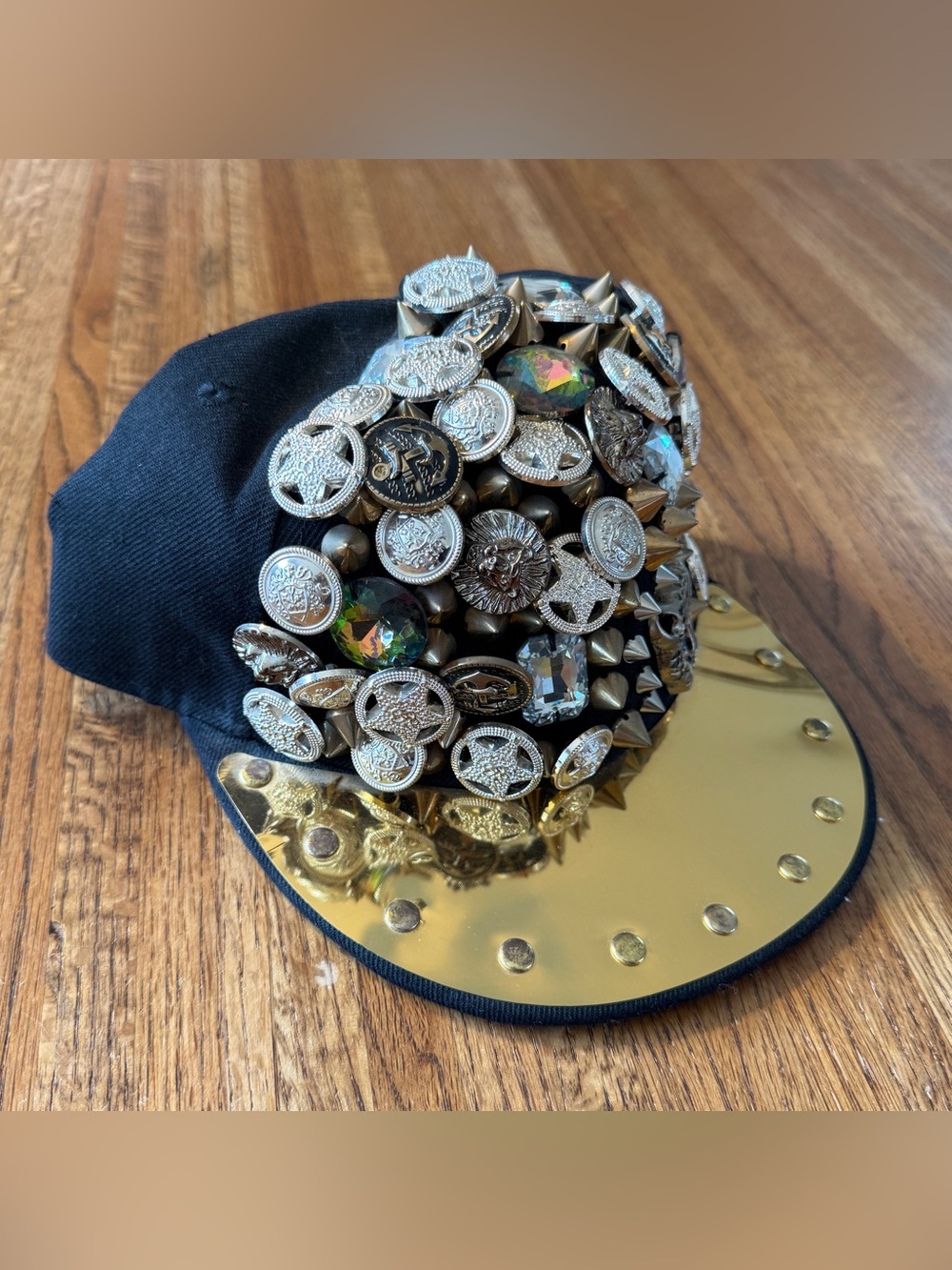 Edgy Studded Spiked Snapback Hat - Gold Metallic Brim & Leopard Detail
